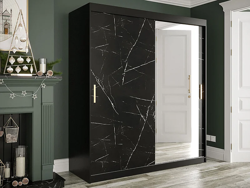 Armoire Hartford 261, Noir mat|Marbre noir, 200x180x62cm, Portes d'armoire: Coulissantes