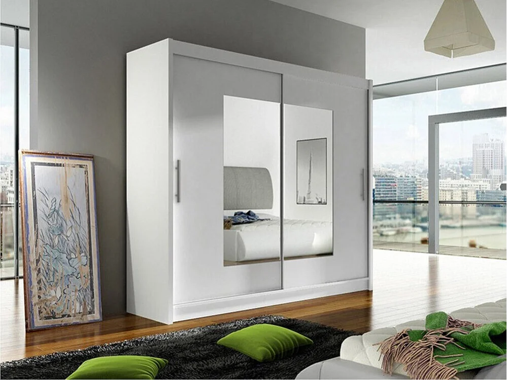 Armoire Closico 106, Blanc, 215x180x58cm, Portes d'armoire: Coulissantes