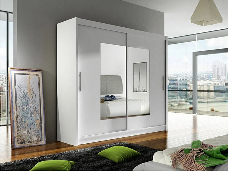 Armoire Closico 106, Blanc, 215x180x58cm, Portes d'armoire: Coulissantes