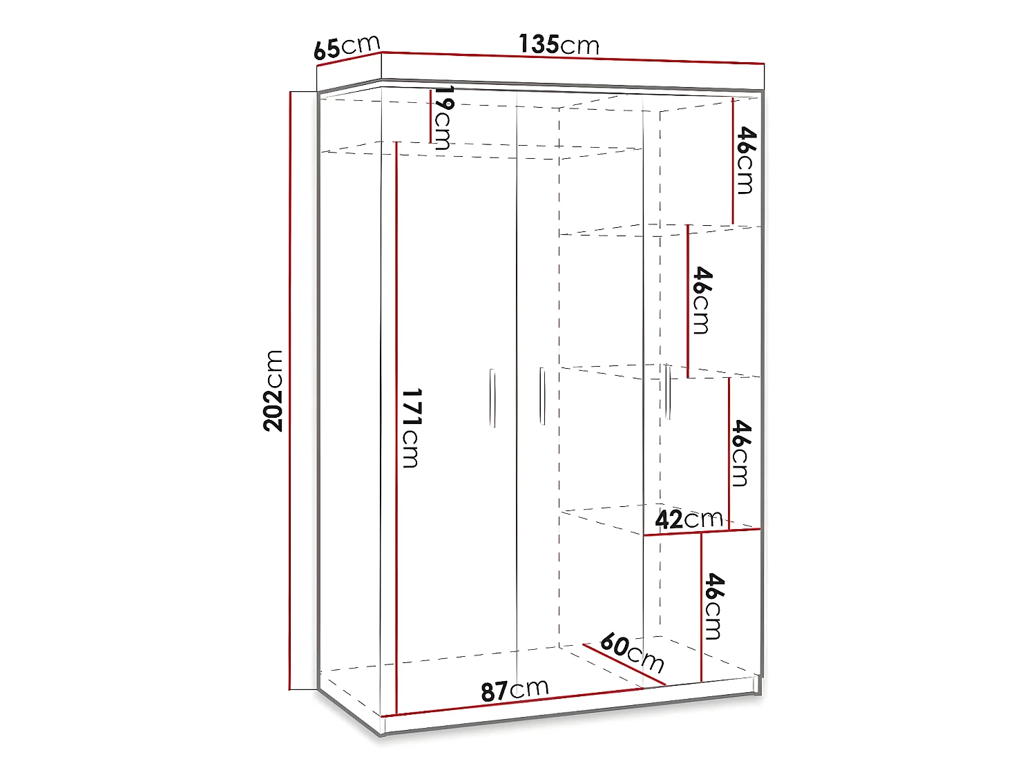 Armario Catromi 118, Blanco, 202x135x65cm, Puertas de armario: Con bisagras
