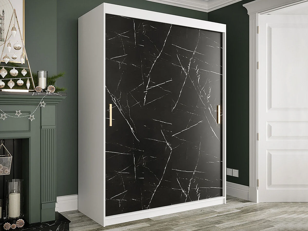 Armario Hartford 248, Mate blanco|Mármol negro, 200x150x62cm, Número de estantes: 4