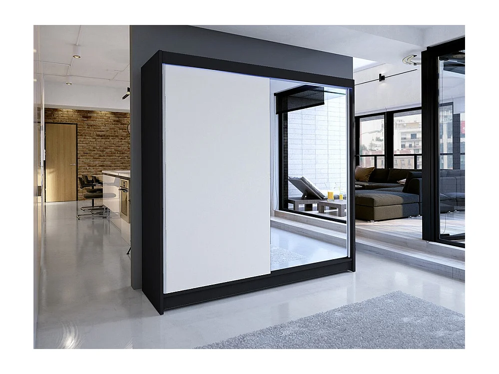 Armario Closico 137, Blanco|Negro, 215x180x58cm, Puertas de armario: Correderas