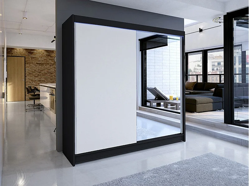 Armario Closico 137, Blanco|Negro, 215x180x58cm, Puertas de armario: Correderas