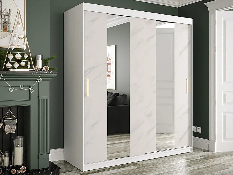 Armoire Hartford 243, Marbre blanc|Mat blanc, 200x180x62cm, Nombre d'étagères: 7