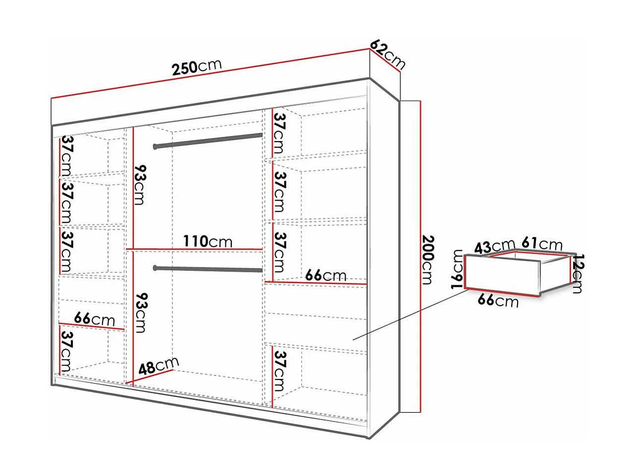 Armoire Hartford 316, Noir|Blanc, 200x250x62cm, Portes d'armoire: Coulissantes