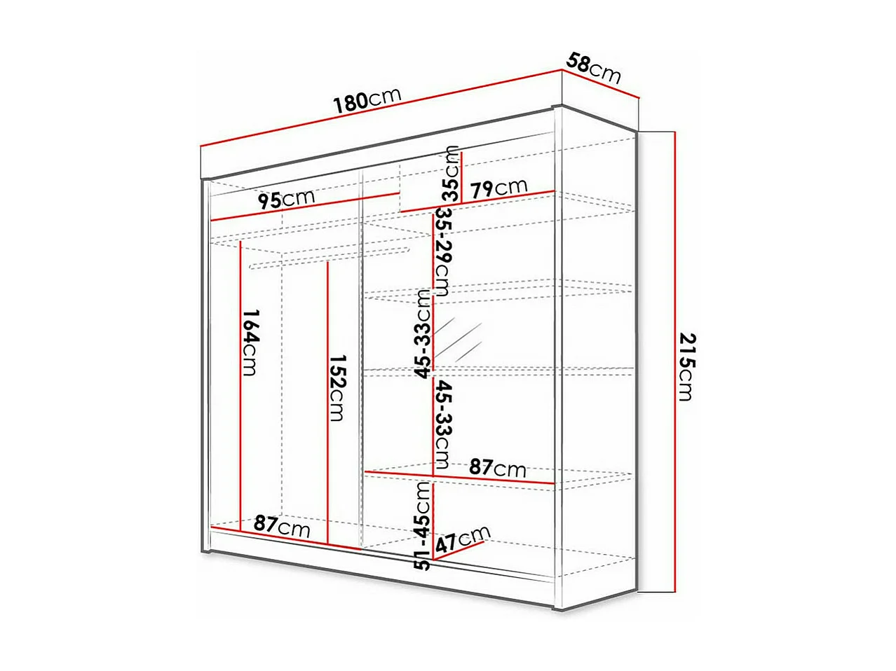 Armoire Closico 137, Blanc|Noir, 215x180x58cm, Portes d'armoire: Coulissantes