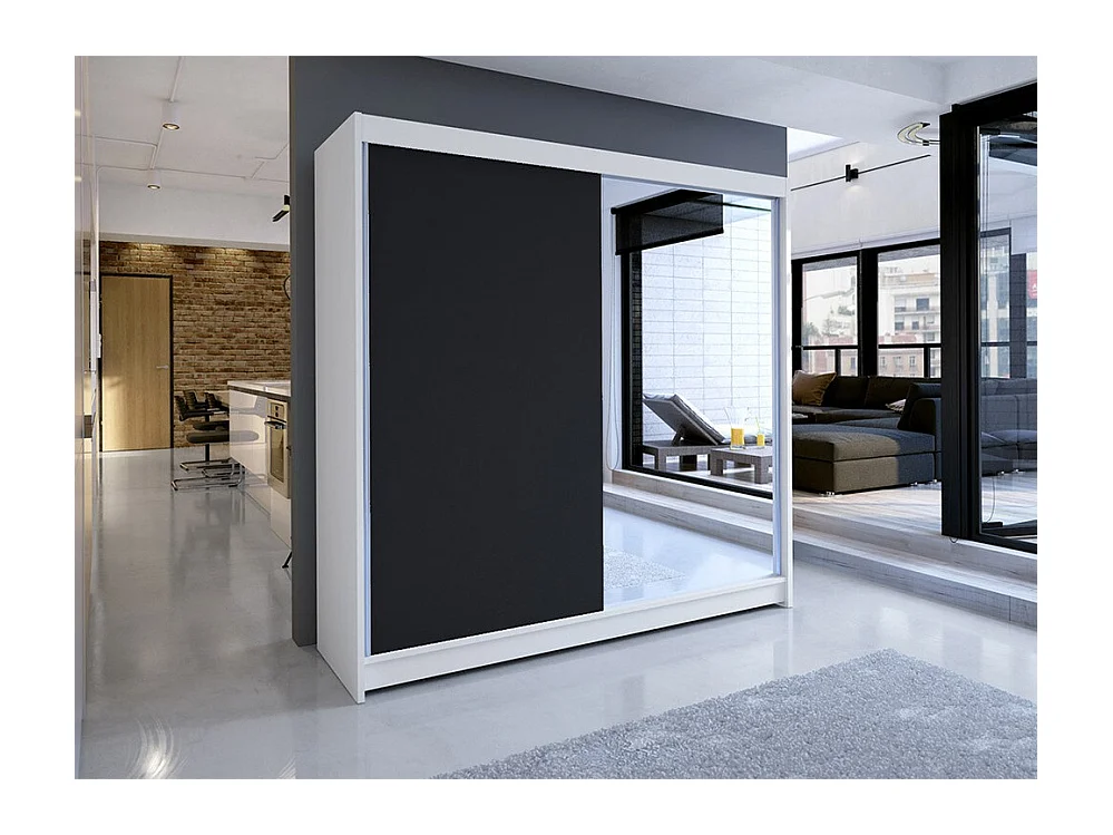 Armoire Closico 137, Noir|Blanc, 215x180x58cm, Portes d'armoire: Coulissantes