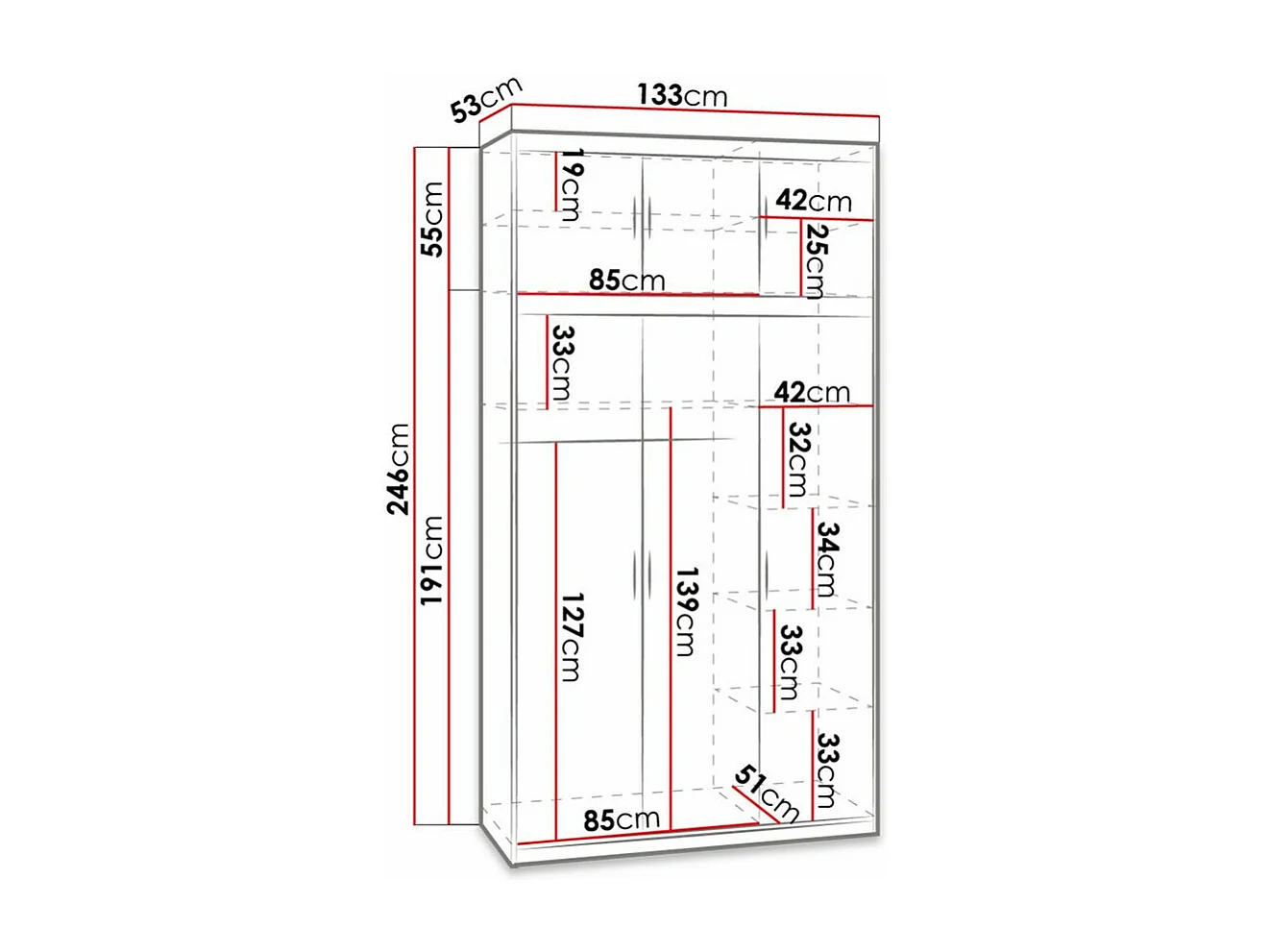 Armario Novduni 104, Roble de lefkada, 246x133x53cm, Puertas de armario: Con bisagras