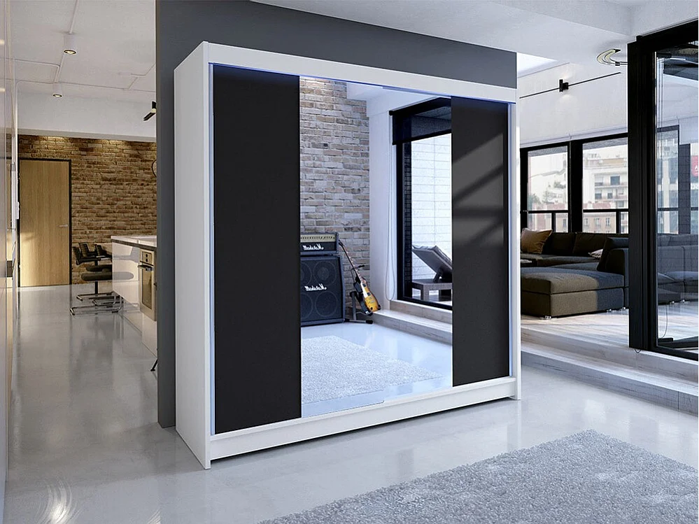 Armoire Closico 138, Blanc|Noir, 215x180x58cm, Portes d'armoire: Coulissantes