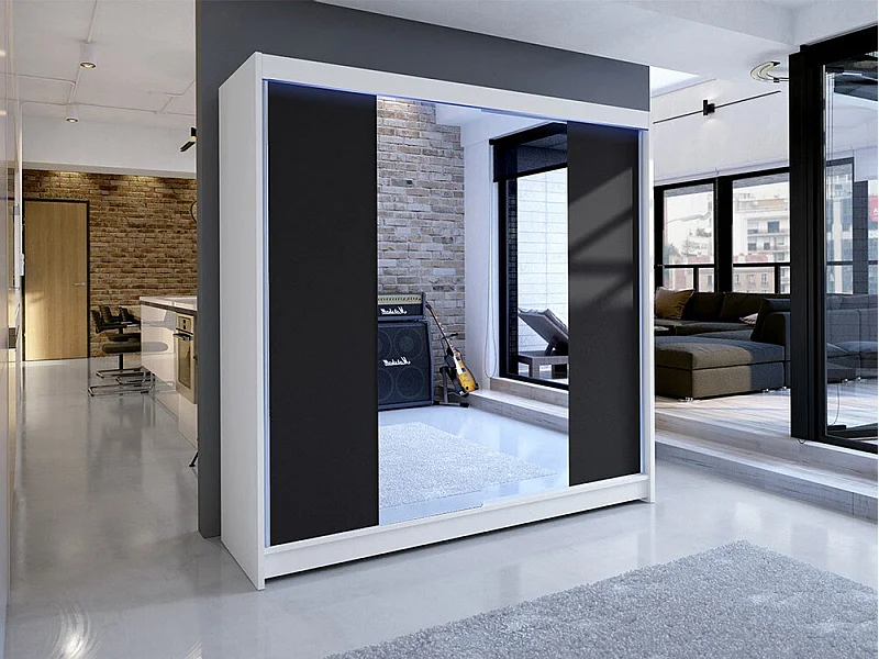 Armoire Closico 138, Blanc|Noir, 215x180x58cm, Portes d'armoire: Coulissantes