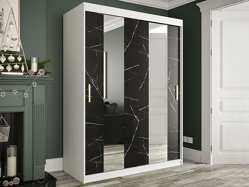 Armoire Hartford 242, Mat blanc|Marbre noir, 200x150x62cm, Portes d'armoire: Coulissantes