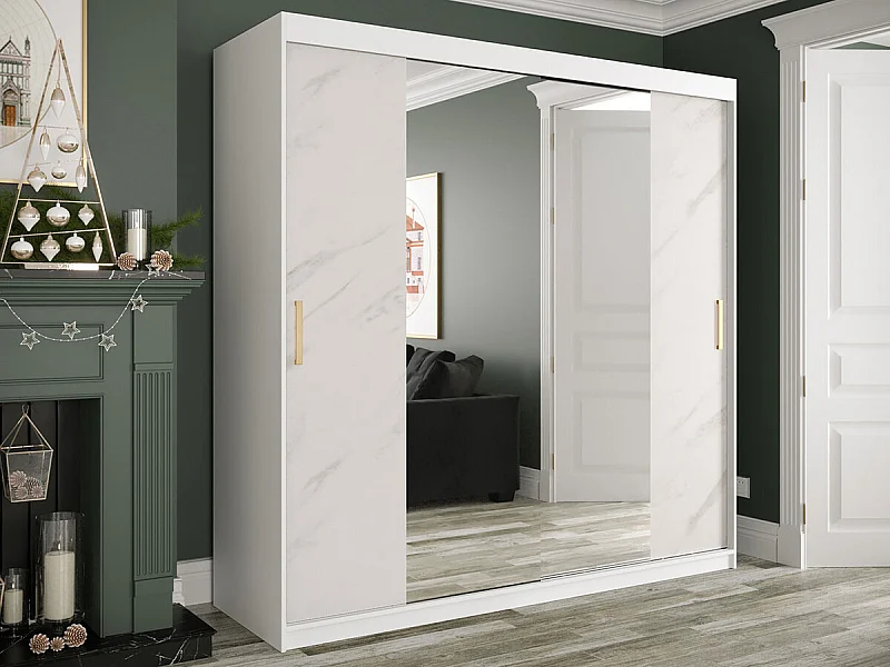 Armoire Hartford 256, Mat blanc|Marbre blanc, 200x200x62cm, Nombre d'étagères: 9