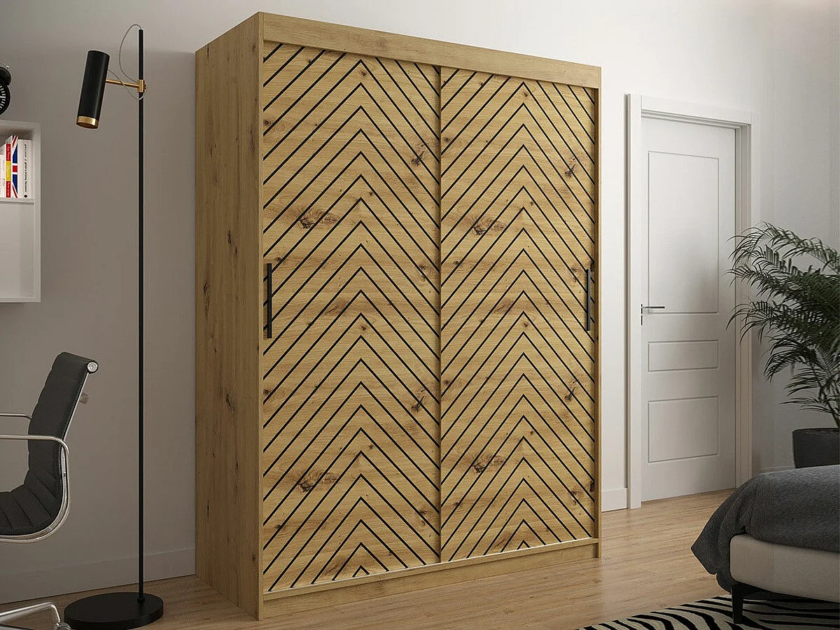 Armoire Hartford 310, Chêne Artisan|Noir, 200x150x62cm, Portes d'armoire: Coulissantes
