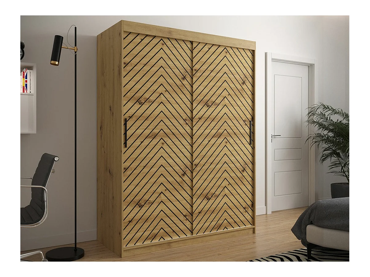 Guardaroba Hartford 310, Nero|Rovere Artisan, 200x150x62cm, Porte guardaroba: Scorrevoli