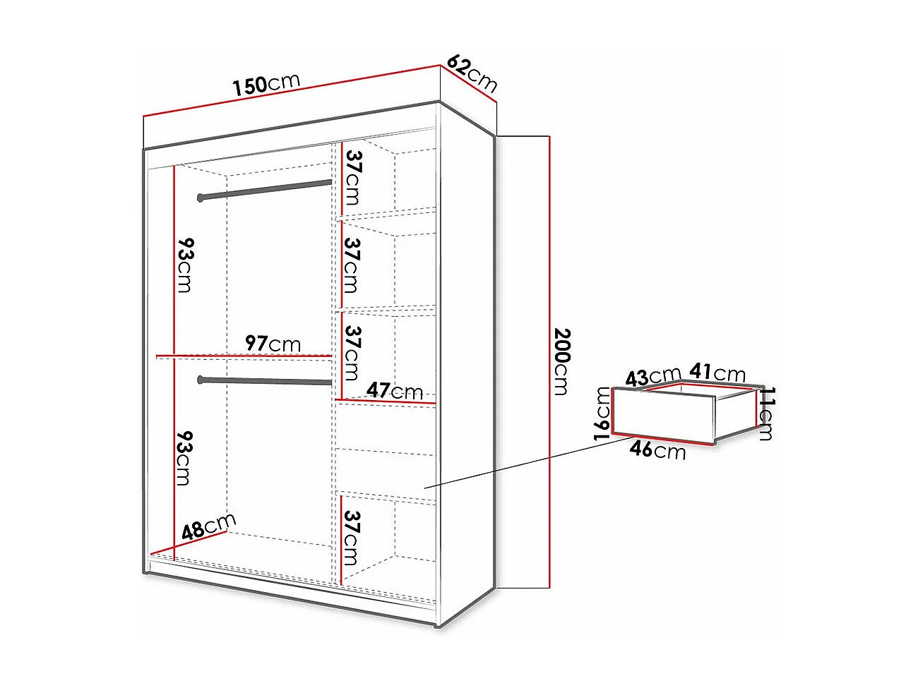 Armario Hartford 310, Roble Artisan|Negro, 200x150x62cm, Puertas de armario: Correderas