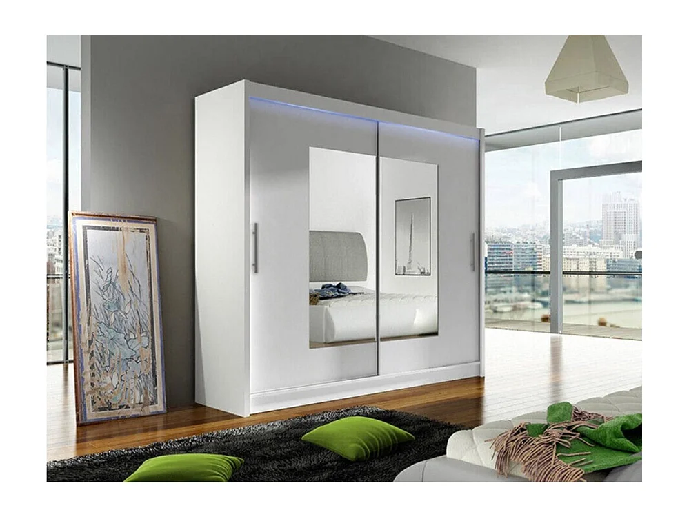 Armoire Closico 106, Blanc, 215x180x58cm, Portes d'armoire: Coulissantes