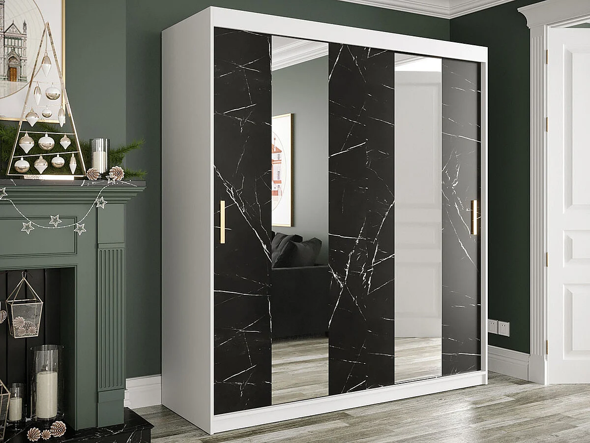 Armoire Hartford 243, Mat blanc|Marbre noir, 200x180x62cm, Portes d'armoire: Coulissantes