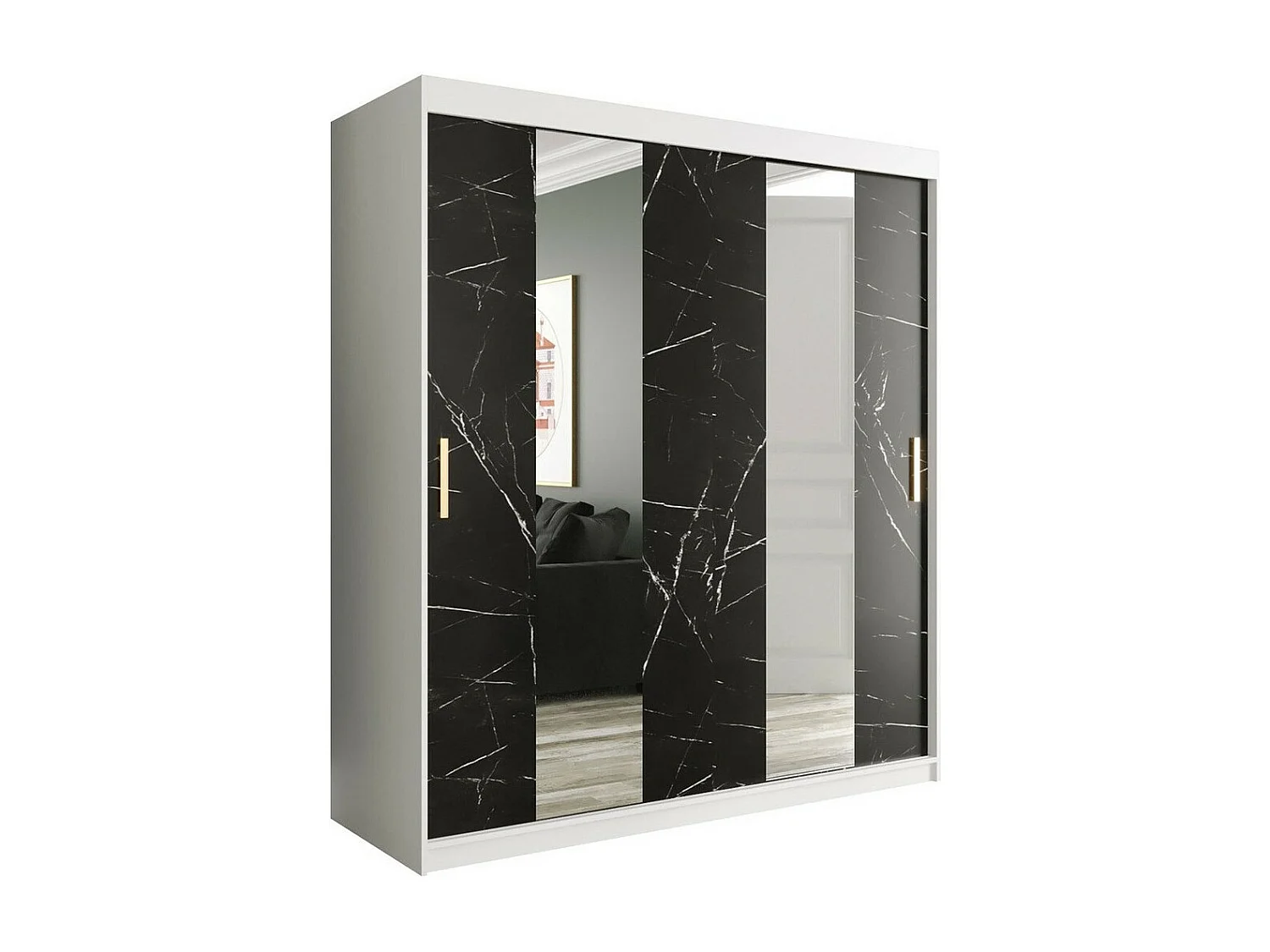 Armoire Hartford 243, Mat blanc|Marbre noir, 200x180x62cm, Portes d'armoire: Coulissantes