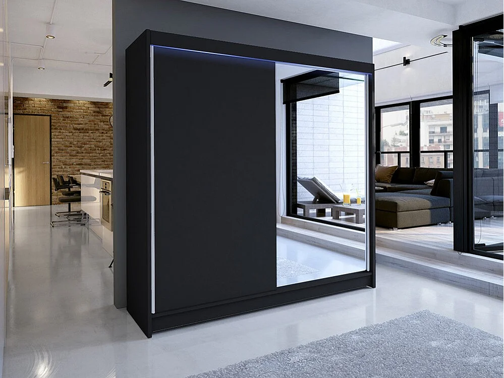 Armoire Closico 137, Noir, 215x180x58cm, Portes d'armoire: Coulissantes