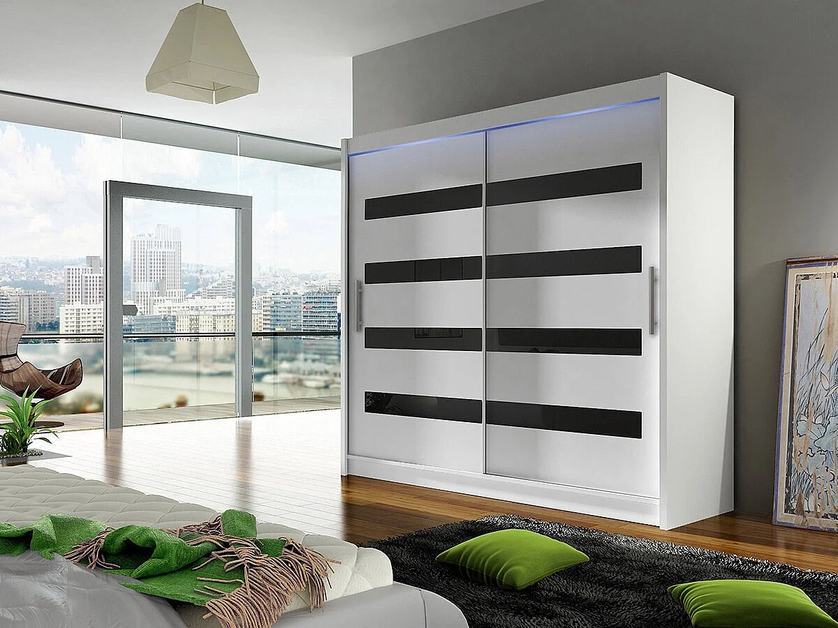 Armoire Closico 156, Noir brillant|Blanc, 215x180x58cm, Portes d'armoire: Coulissantes