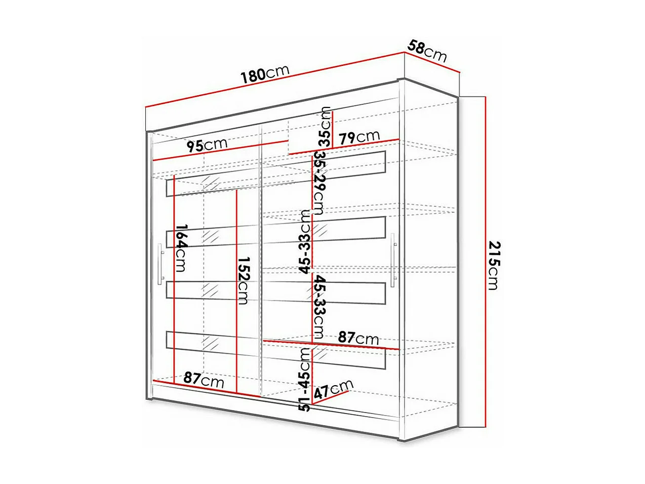 Armadio Closico 156, Nero lucido|Bianco, 215x180x58cm, Porte armadi: Scorrevoli