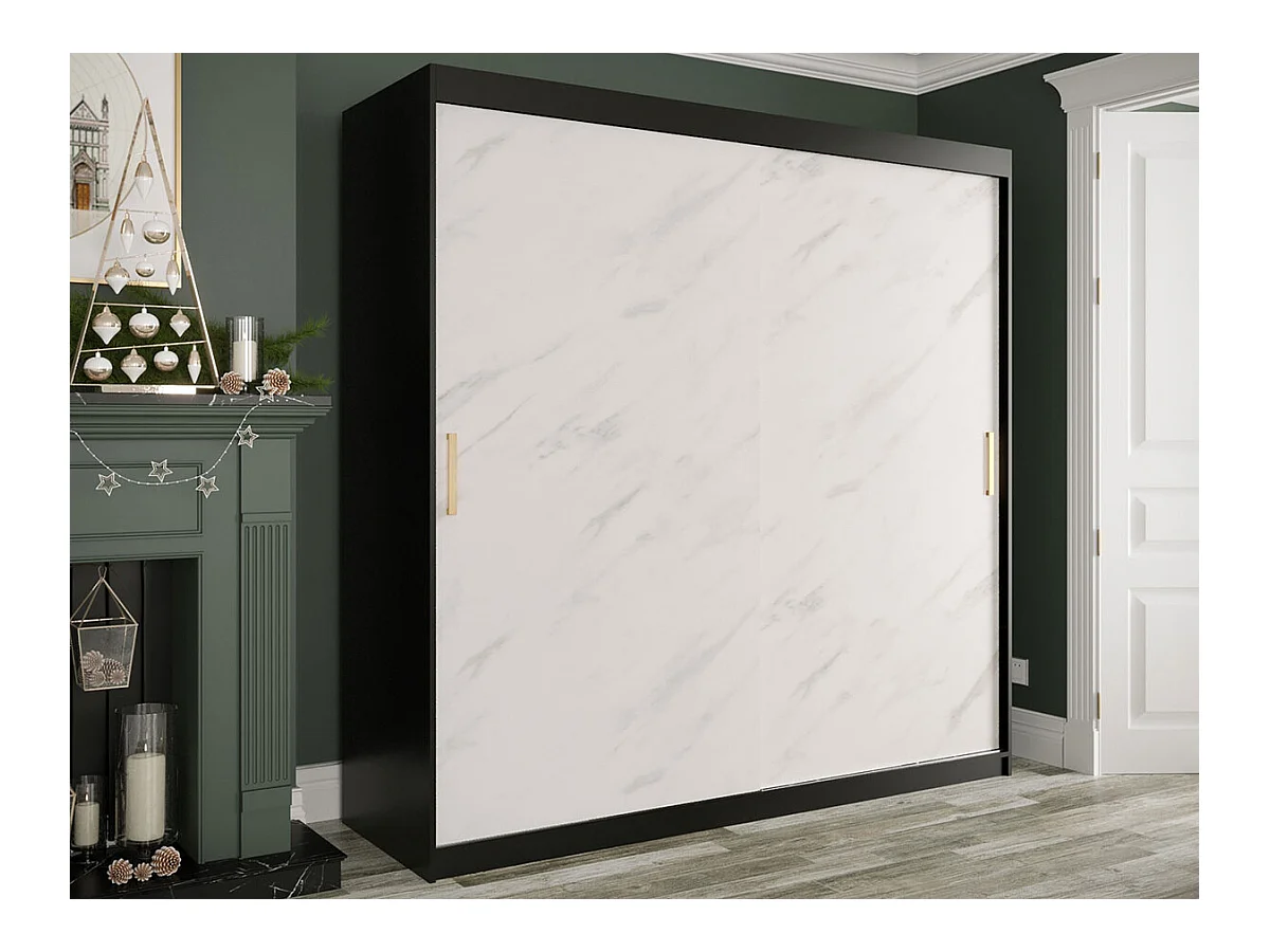 Armoire Hartford 250, Noir mat|Marbre blanc, 200x200x62cm, Portes d'armoire: Coulissantes