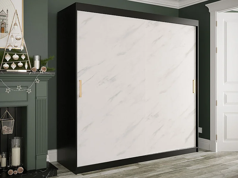 Armadio Hartford 250, Nero opaco|Marmo bianco, 200x200x62cm, Porte armadi: Scorrevoli
