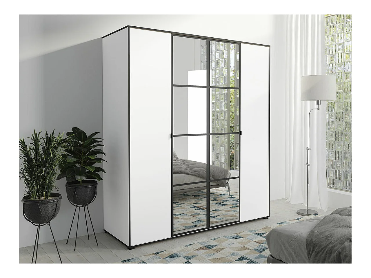 Armoire Toledo 117, Noir|Blanc, 206x180x65cm, Portes d'armoire: Avec des charnières
