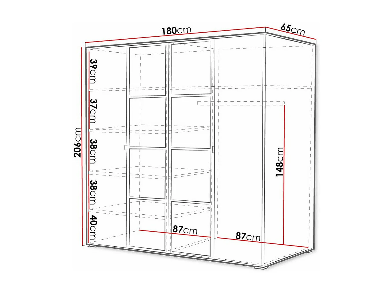 Armario Toledo 117, Blanco|Negro, 206x180x65cm, Puertas de armario: Con bisagras