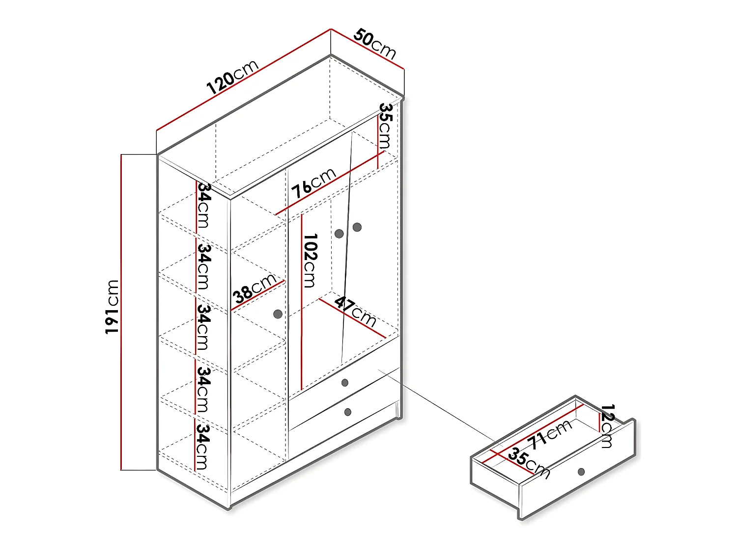 Armoire Almira 102, Chêne Artisan|Blanc, 191x120x50cm, Nombre d'étagères: 5