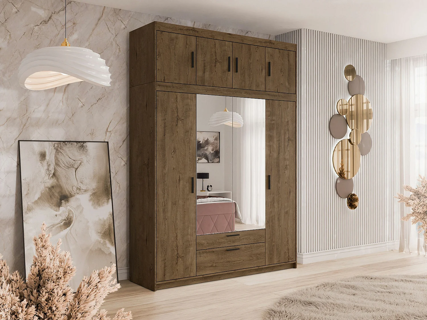 Armario Novduni 109, Roble de lefkada, 246x176x53cm, Puertas de armario: Con bisagras