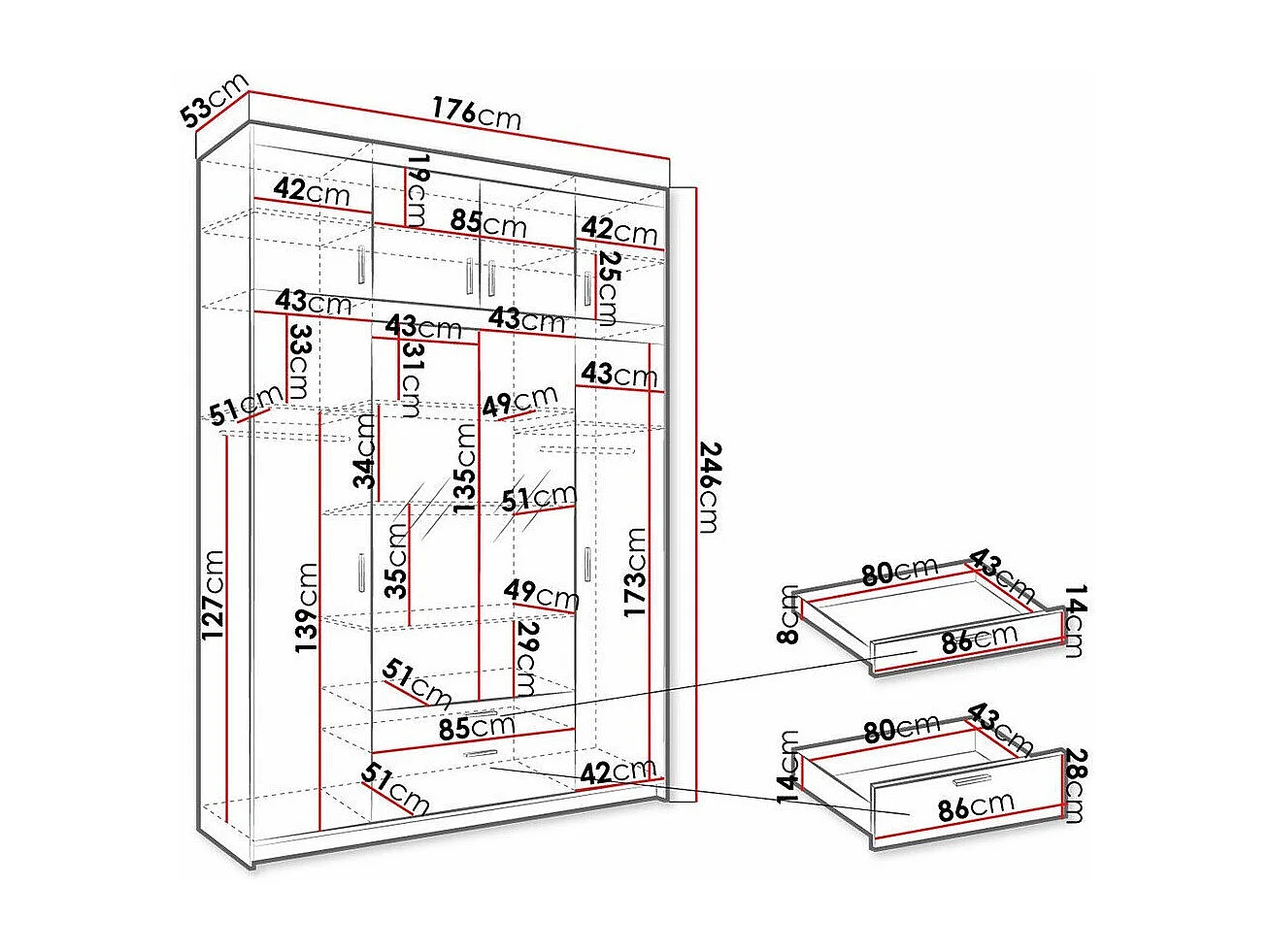 Armario Novduni 109, Roble de lefkada, 246x176x53cm, Puertas de armario: Con bisagras