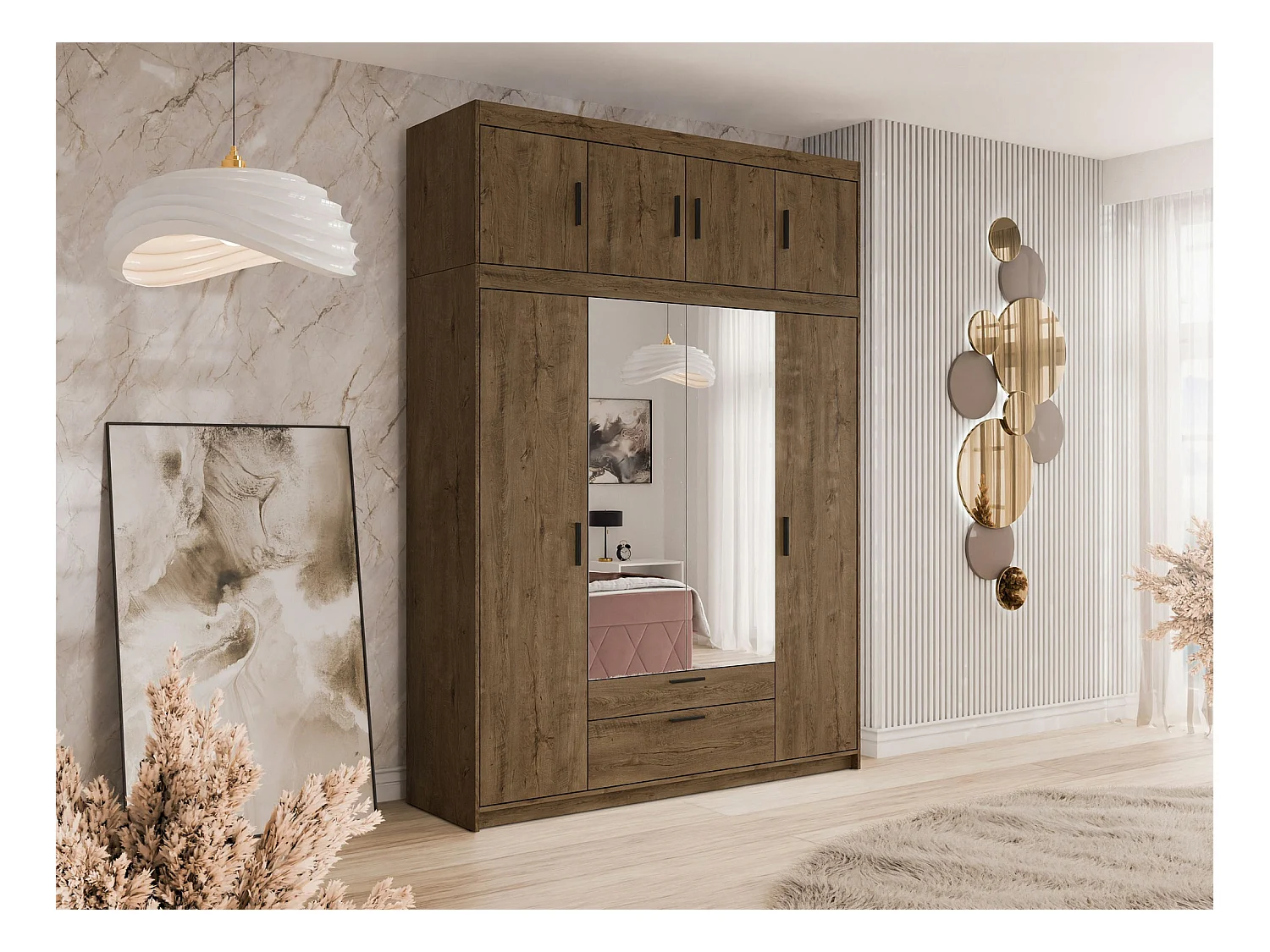 Armoire Novduni 109, Chêne de Lefkas, 246x176x53cm, Portes d'armoire: Avec des charnières