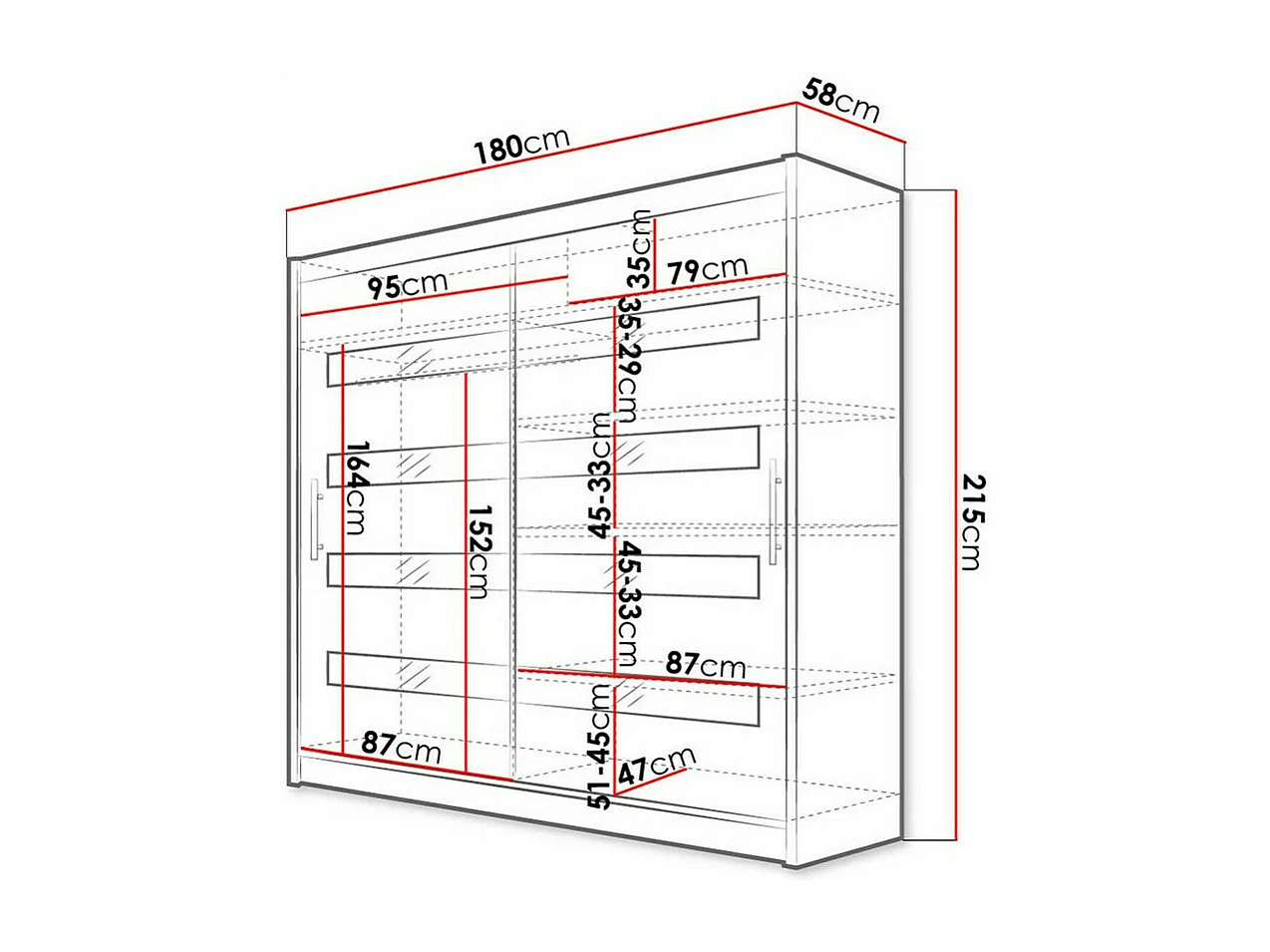 Armoire Closico 156, Blanc brillant|Noir, 215x180x58cm, Portes d'armoire: Coulissantes
