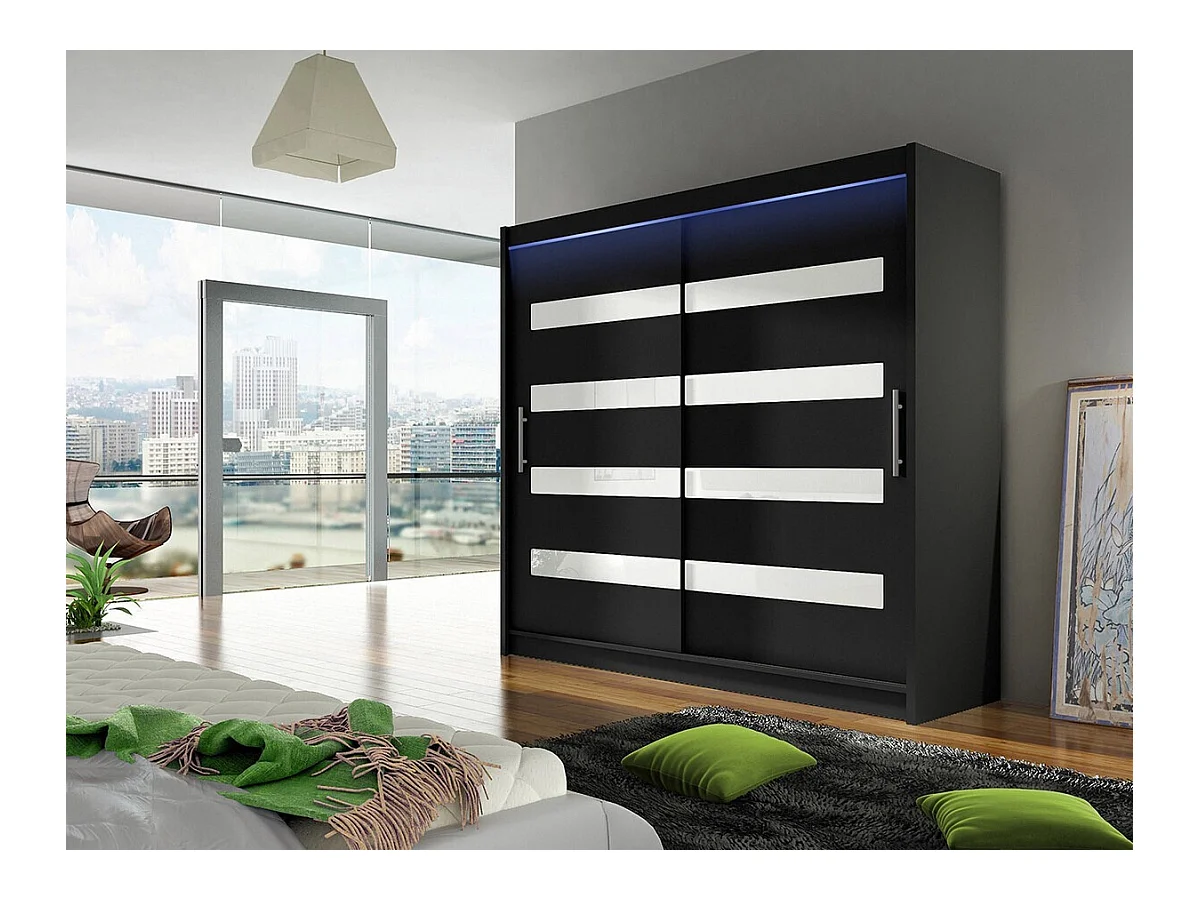 Armoire Closico 156, Blanc brillant|Noir, 215x180x58cm, Portes d'armoire: Coulissantes