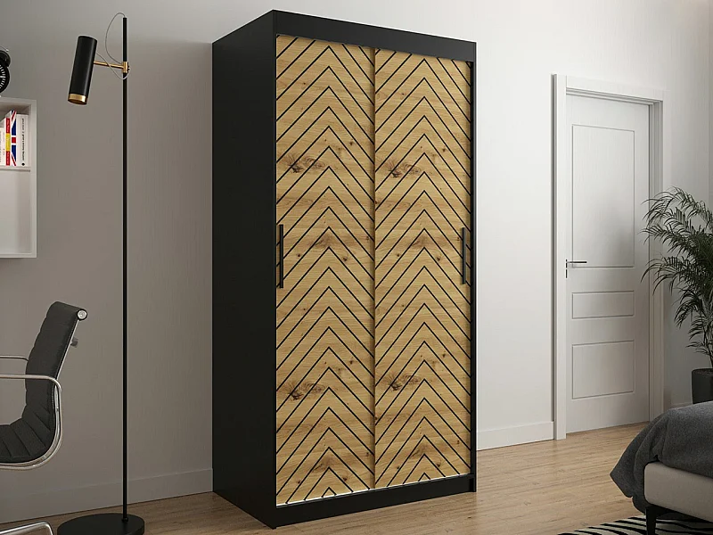 Armoire Hartford 306, Noir|Chêne Artisan, 200x100x62cm, Portes d'armoire: Coulissantes