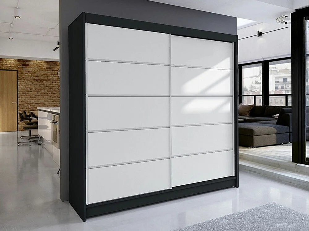 Armoire Closico 153, Noir|Blanc, 215x180x58cm, Portes d'armoire: Coulissantes