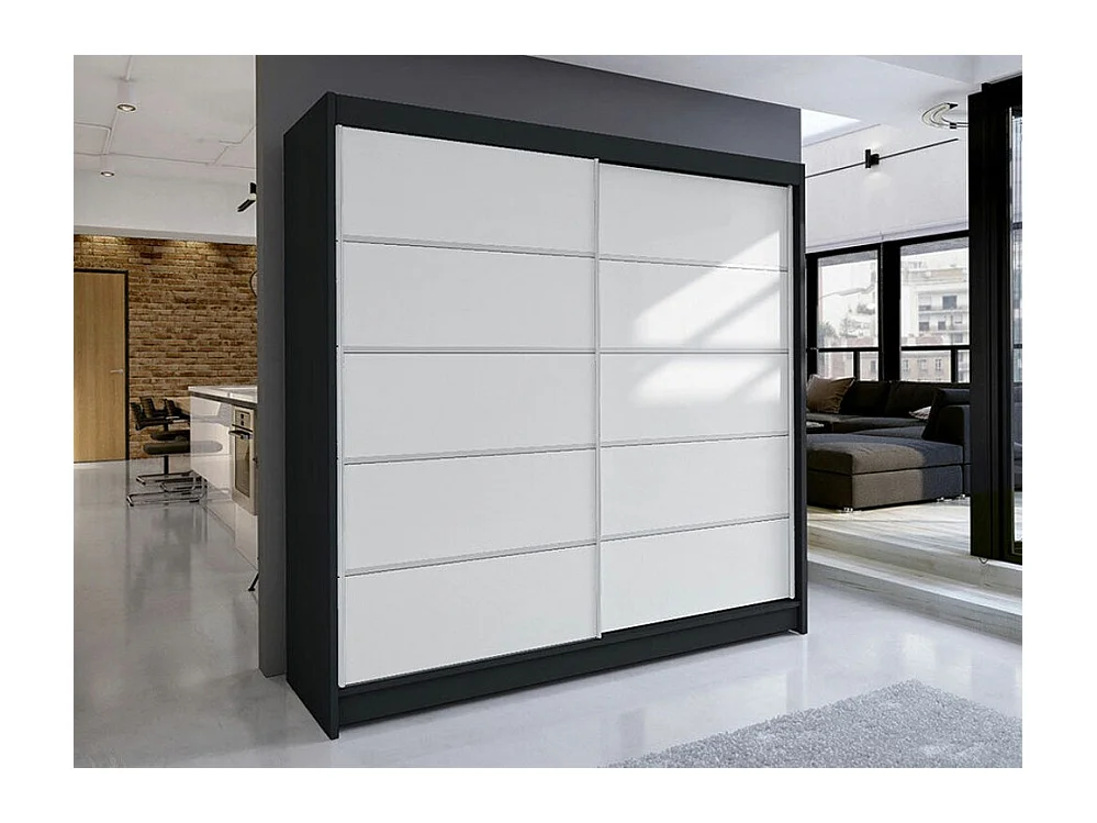 Armoire Closico 153, Noir|Blanc, 215x180x58cm, Portes d'armoire: Coulissantes