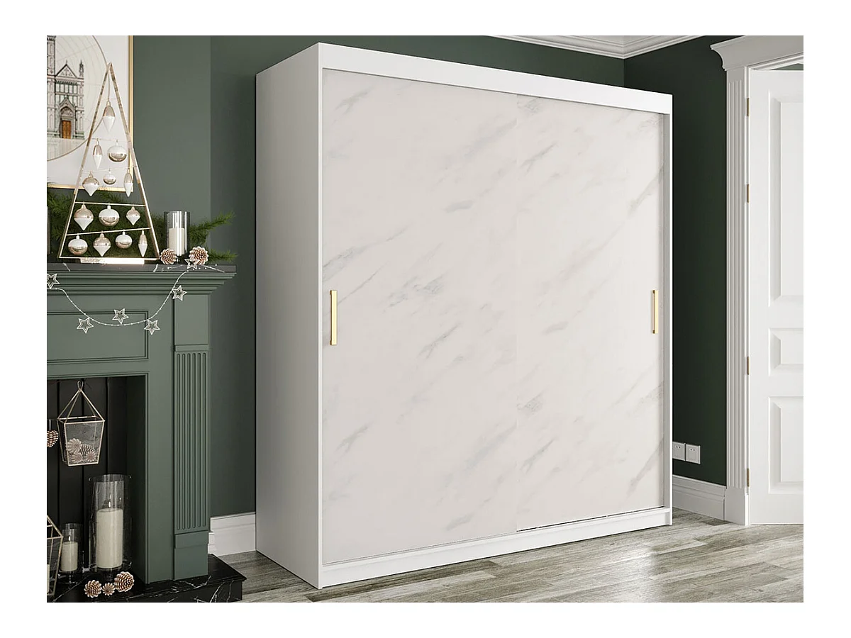 Armoire Hartford 249, Marbre blanc|Mat blanc, 200x180x62cm, Nombre d'étagères: 9