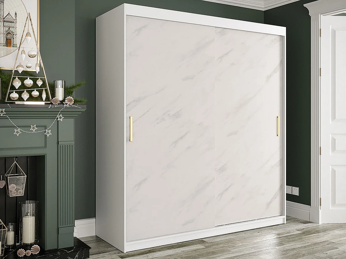 Armoire Hartford 249, Marbre blanc|Mat blanc, 200x180x62cm, Nombre d'étagères: 9