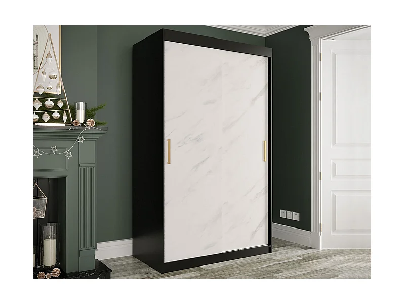 Armoire Hartford 247, Noir mat|Marbre blanc, 200x120x62cm, Portes d'armoire: Coulissantes