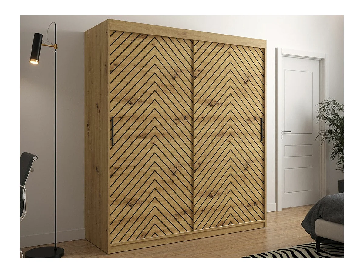Guardaroba Hartford 312, Rovere Artisan|Nero, 200x180x62cm, Porte guardaroba: Scorrevoli