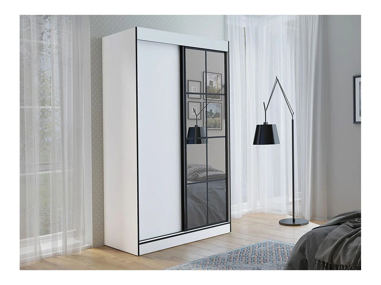 Armoire Toledo 118, Blanc|Noir, 216x120x65cm, Portes d'armoire: Coulissantes