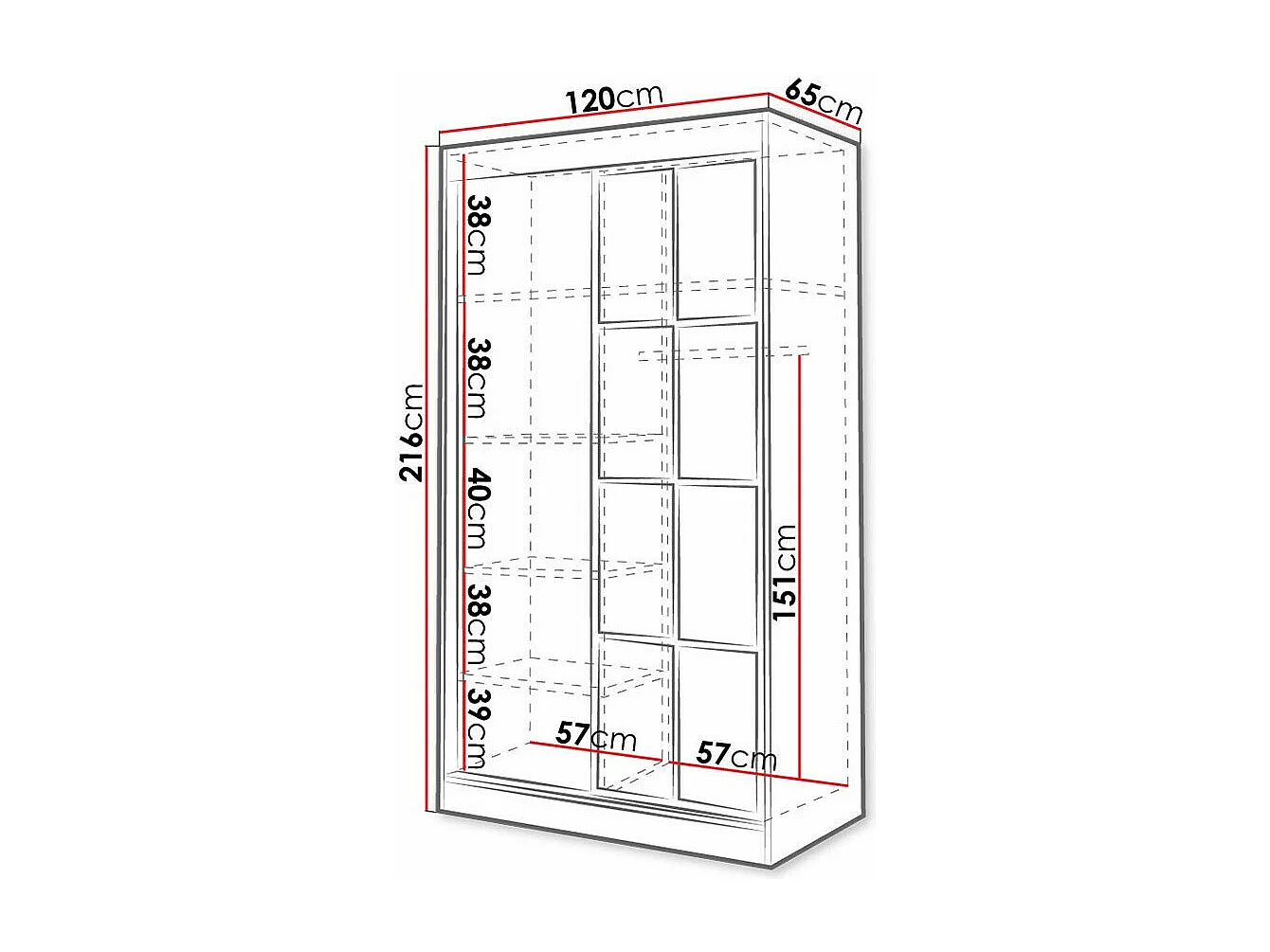Armoire Toledo 118, Noir|Blanc, 216x120x65cm, Portes d'armoire: Coulissantes