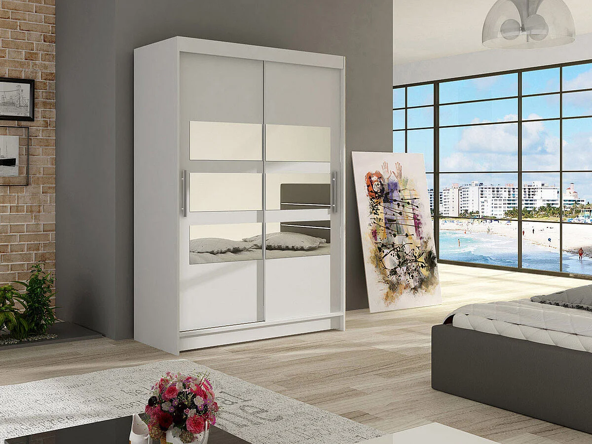Armoire Closico 109, Blanc, 200x120x58cm, Portes d'armoire: Coulissantes