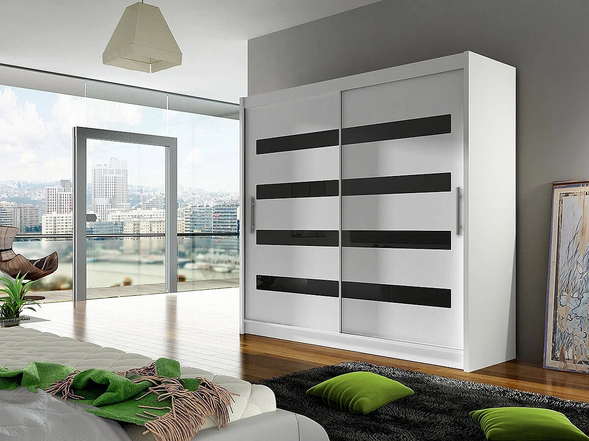 Armoire Closico 156, Noir brillant|Blanc, 215x180x58cm, Portes d'armoire: Coulissantes
