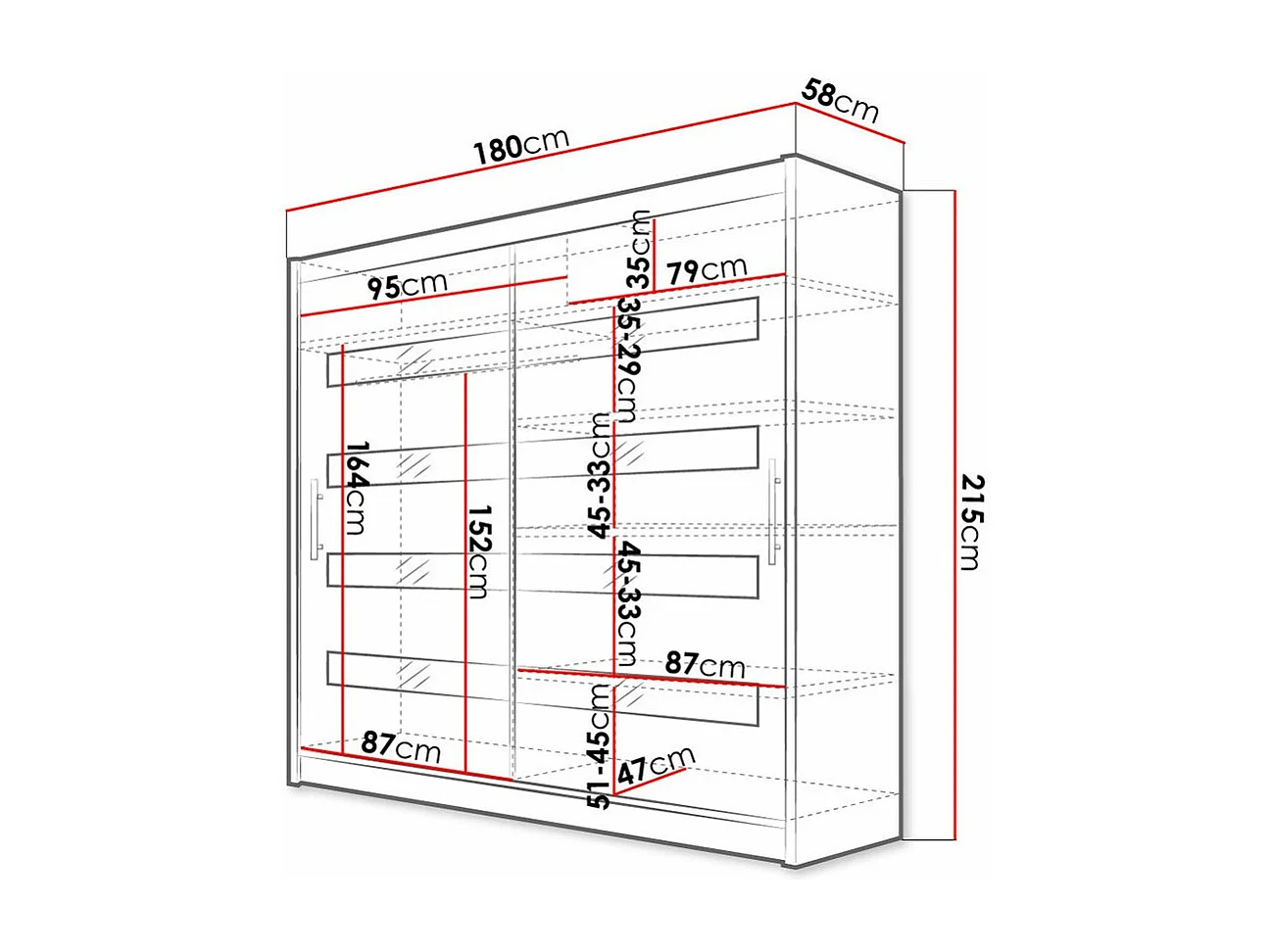 Armoire Closico 156, Noir brillant|Blanc, 215x180x58cm, Portes d'armoire: Coulissantes