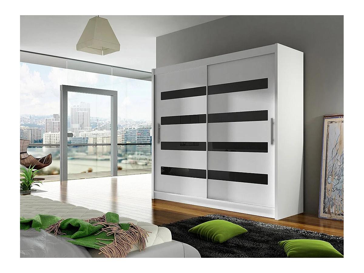 Armoire Closico 156, Blanc|Noir brillant, 215x180x58cm, Portes d'armoire: Coulissantes