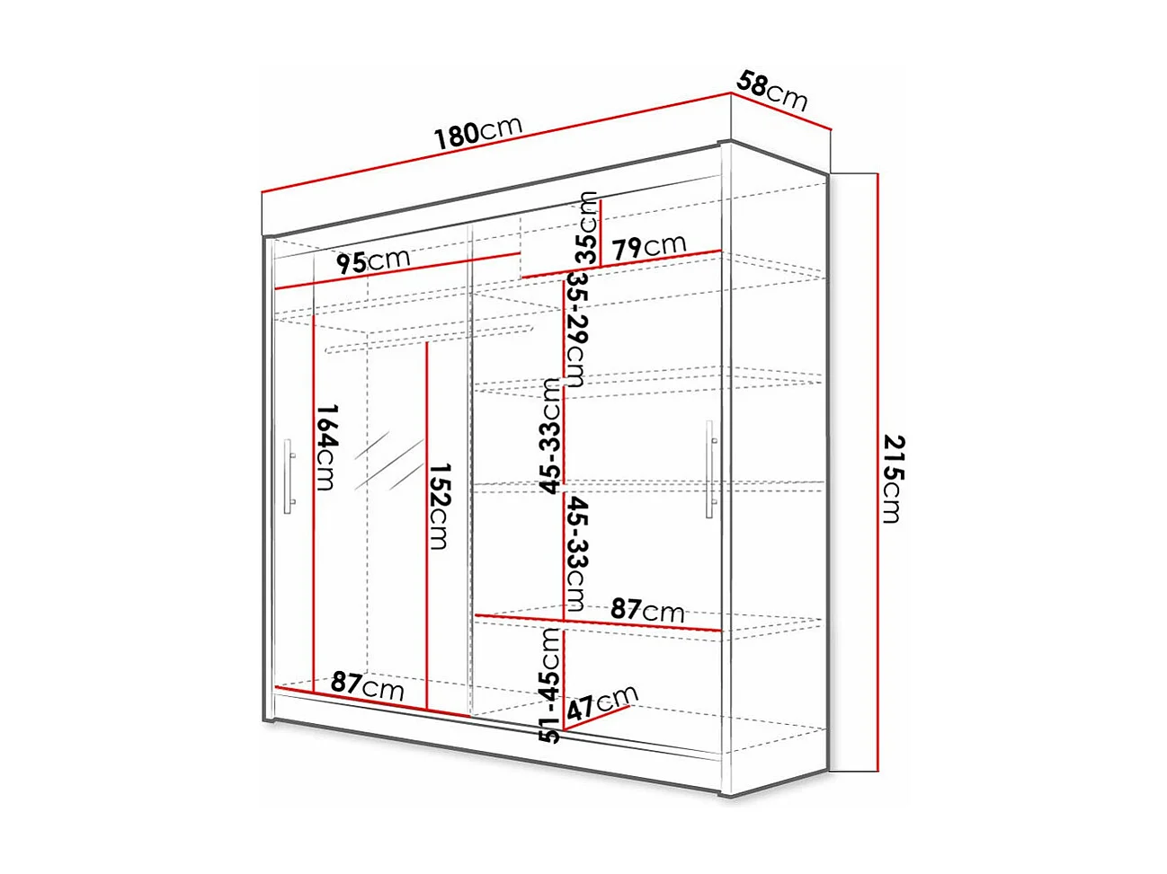 Armoire Closico 107, Blanc, 215x180x58cm, Portes d'armoire: Coulissantes