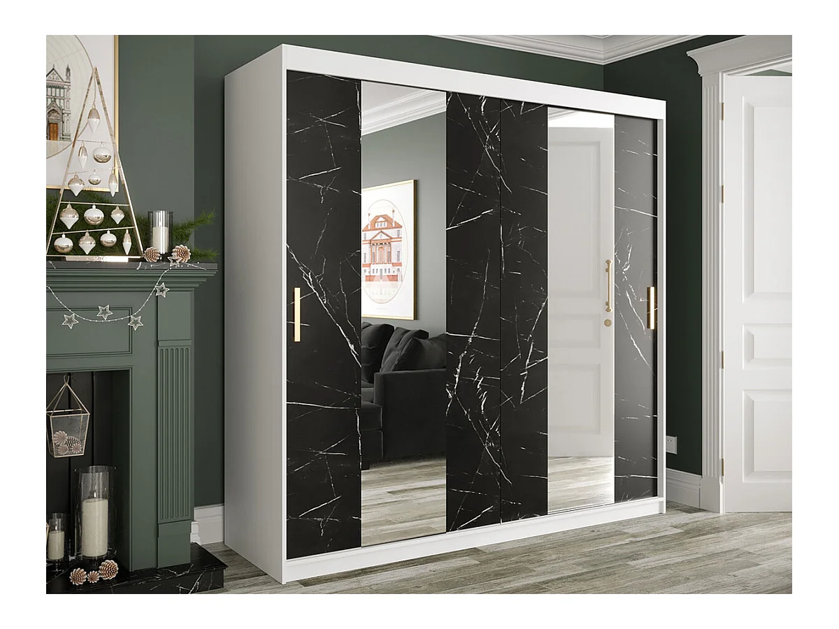 Armoire Hartford 244, Marbre noir|Mat blanc, 200x200x62cm, Portes d'armoire: Coulissantes